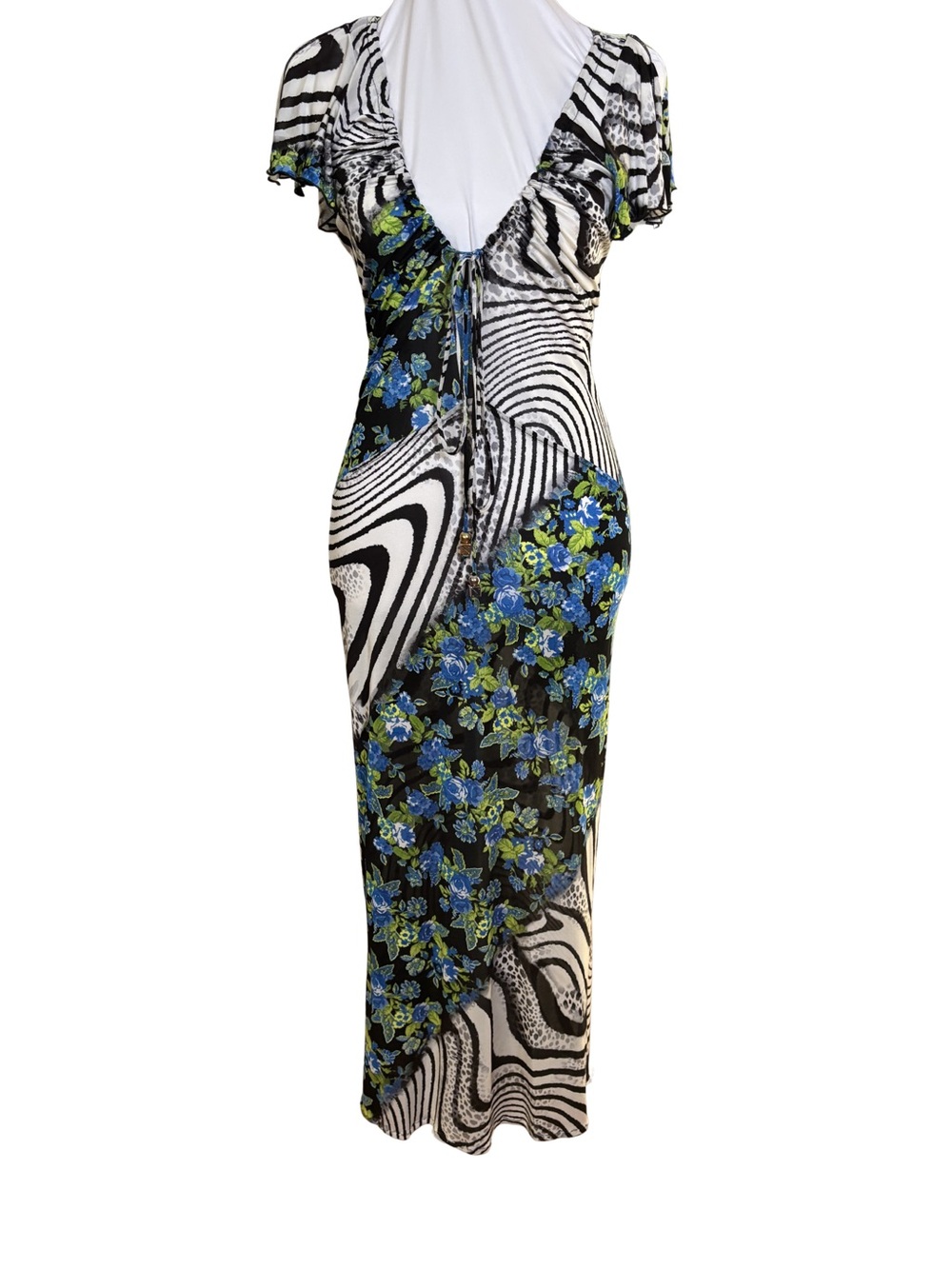 Roberto Cavalli Freedom Blue Floral Zebra Print Tie Front Midi Dress